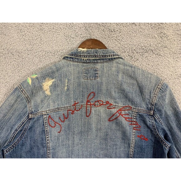 American Eagle (M) Blue Jean Denim Jacket Floral Wearable Art Distressed Pockets - Picture 16 of 16